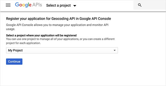 Seleccione su proyecto de Google Maps Seleccione su proyecto de Google Maps