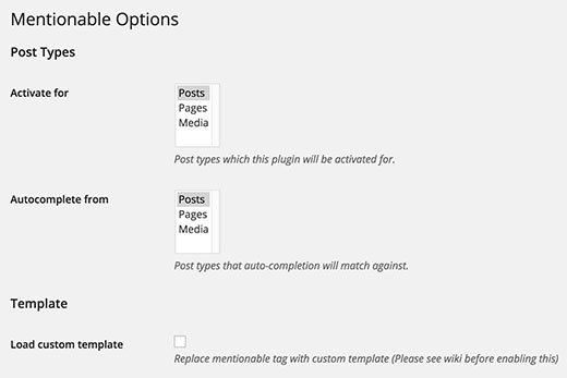 Página de configuración para el complemento mencionable Página de configuración para el complemento mencionable