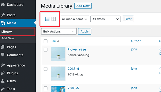 Cambiar de vista de cuadrícula a vista de lista en la biblioteca de medios de WordPress Cambiar de vista de cuadrícula a vista de lista en la biblioteca de medios de WordPress