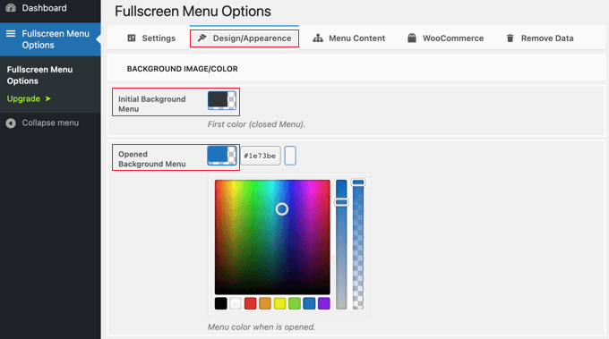 pantalla completamenudesign1 Página de diseño de opciones de menú de pantalla completa - Colores