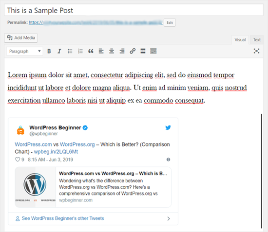Tweet incrustado en el editor clásico de WordPress Tweet incrustado en el editor clásico de WordPress