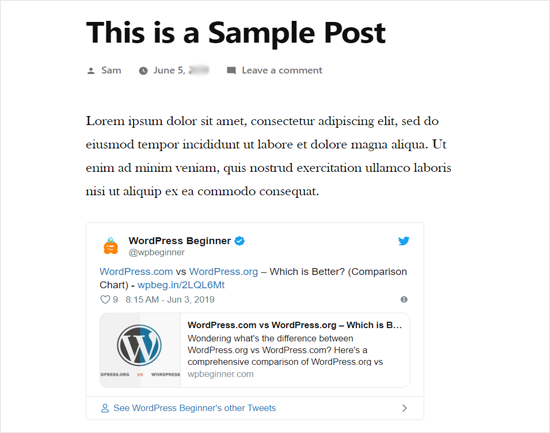Tweet real incrustado en la vista previa de la publicación del blog de WordPress Tweet real incrustado en la vista previa de la publicación del blog de WordPress