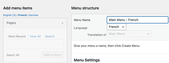 Traducción de menús Traducción de menús