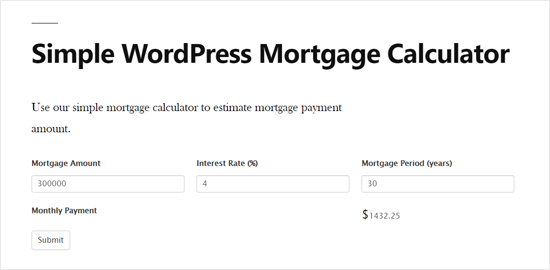 Vista previa simple de la calculadora de hipotecas de WordPress Vista previa simple de la calculadora de hipotecas de WordPress