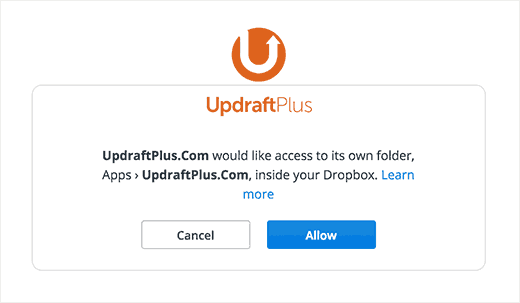 Permitir que UpdraftPlus acceda a Dropbox Permitir que UpdraftPlus acceda a Dropbox