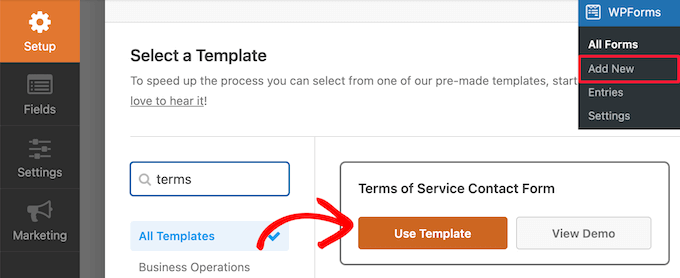 Seleccione la plantilla de términos de servicio de WPForms Seleccione la plantilla de términos de servicio de WPForms