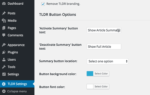 Página de configuración de TLDR Página de configuración de TLDR