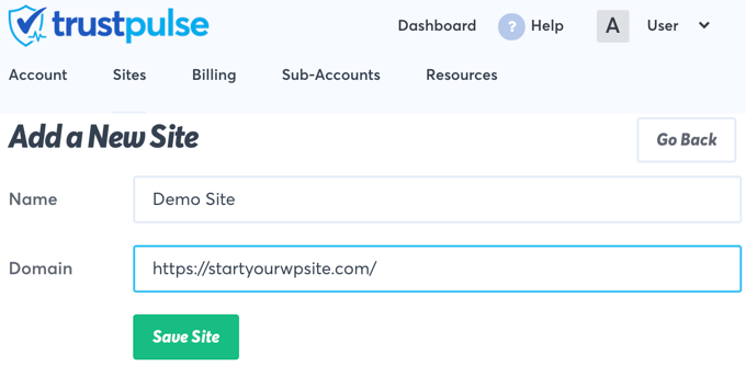 livesaleenterwebsitedetalles Agregue los detalles de su sitio web a TrustPulse