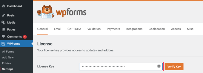 Ingrese su clave de licencia de WPForms Ingrese su clave de licencia de WPForms