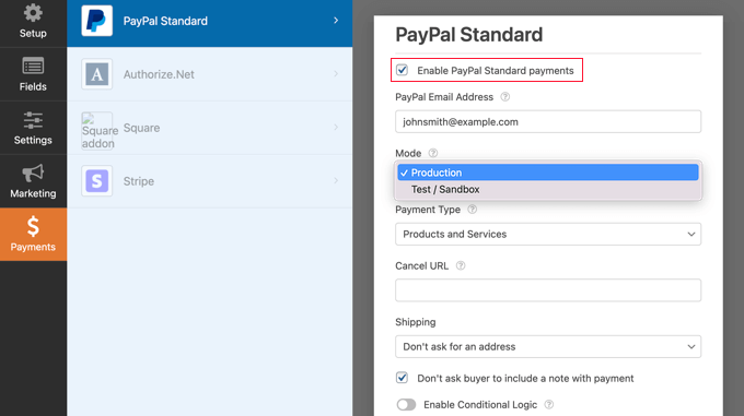 Marque la casilla Habilitar pagos estándar de PayPal Marque la casilla Habilitar pagos estándar de PayPal