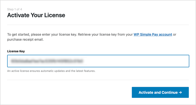 Se le pedirá que ingrese su clave de licencia de WP Simple Pay Se le pedirá que ingrese su clave de licencia de WP Simple Pay