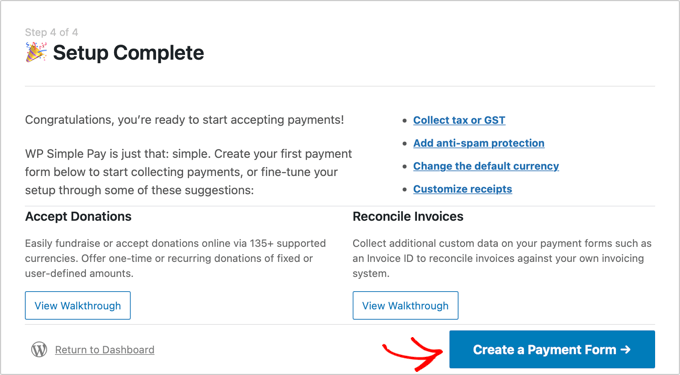 La configuración de WP Simple Pay está completa La configuración de WP Simple Pay está completa