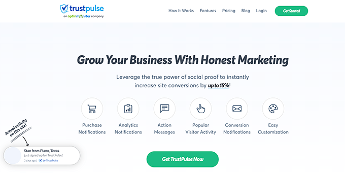 El sitio web TrustPulse Prueba social a través de TrustPulse