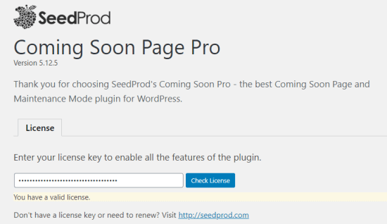 Ingresando su clave de licencia en la página de configuración de SeedProd Coming Soon Pro