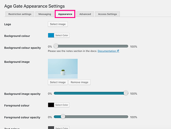 Configuración de apariencia para la pantalla de verificación de edad Configuración de apariencia para la pantalla de verificación de edad