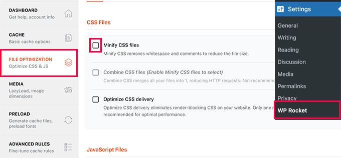 Minificar archivos CSS en WP Rocket