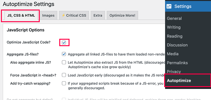 Opciones de optimización automática de JavaScript