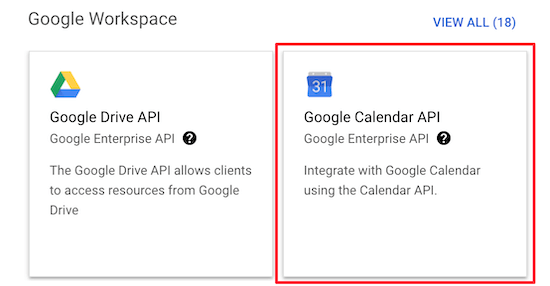 Seleccione la API de Google Calendar Seleccione la API de Google Calendar