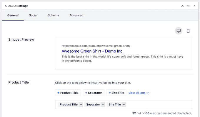 Optimización del título del producto AIOSEO