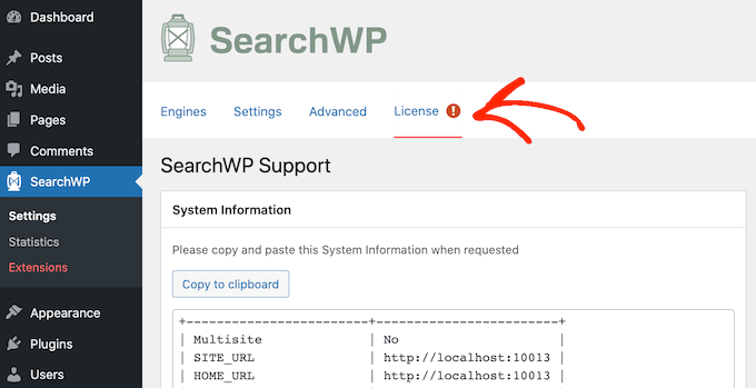 Ingresando su clave de licencia de SearchWP
