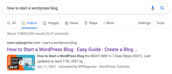 Página de resultados de búsqueda SEO de video de WordPress