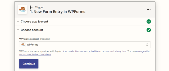 Elige tu cuenta de WPForms en Zapier