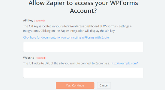 Ingrese la clave API y el sitio web de Zapier
