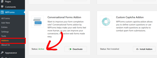 Complemento WPForms Conversational Forms activo