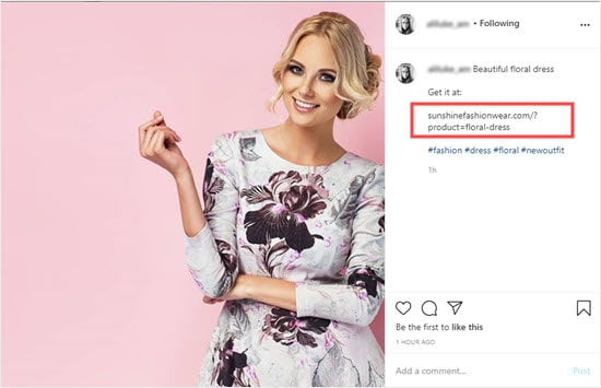 Una foto en Instagram con la URL de un producto en el pie de foto Una foto en Instagram con la URL de un producto en el pie de foto