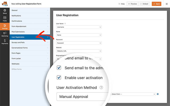 Habilitar la aprobación del administrador para el registro de usuarios en WPForms