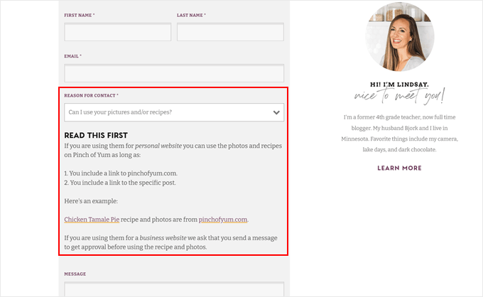 Pinch of Yum's contact form Pinch of Yum's contact form