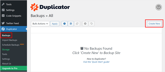 Creating a new backup with Duplicator Creating a new backup with Duplicator
