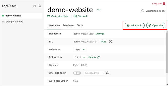 Opening the local website with Local WP Opening the local website with Local WP