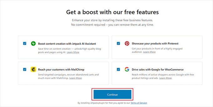 Select free features and click Continue Select free features and click Continue