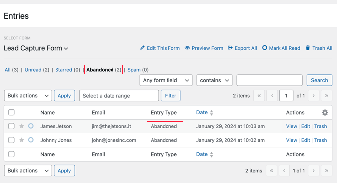 Form abandonment settings Viewing abandoned form entries in WPForms