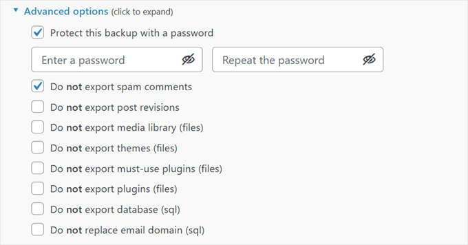 All in One WP Migration's advanced backup settings All in One WP Migration's advanced backup settings
