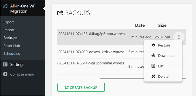 All in One WP Migration's one-click restore All in One WP Migration's one-click restore