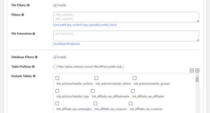 Exclude files, folders, and tables from the backup Exclude files, folders, and tables from the backup
