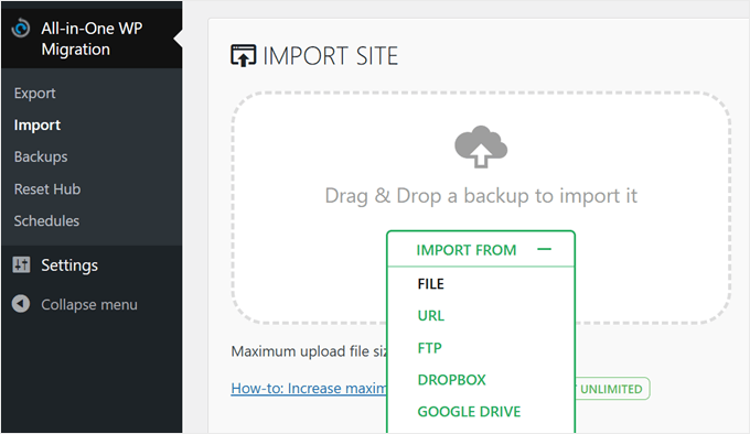 All in One WP Migration's drag-and-drop import feature All in One WP Migration's drag-and-drop import feature