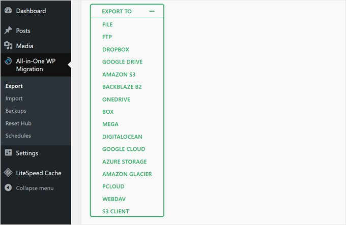 All in One WP Migration's export options All in One WP Migration's export options