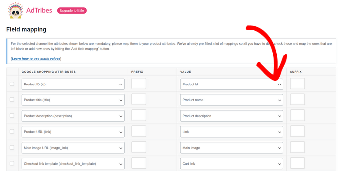 Field mapping in AdTribes Field mapping in AdTribes