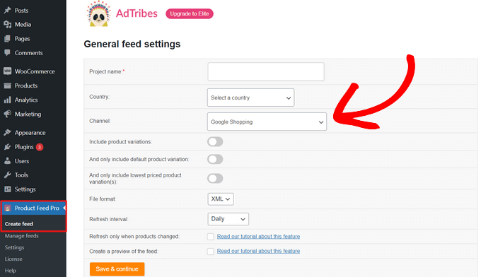 Enter general feed settings and choose Google Shopping as the channel Enter general feed settings and choose Google Shopping as the channel