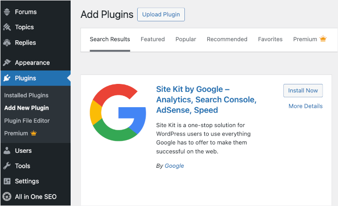 Installing Site Kit by Google from the WordPress dashboard Installing Site Kit by Google from the WordPress dashboard