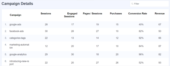Campaign details in MonsterInsights Campaign details in MonsterInsights
