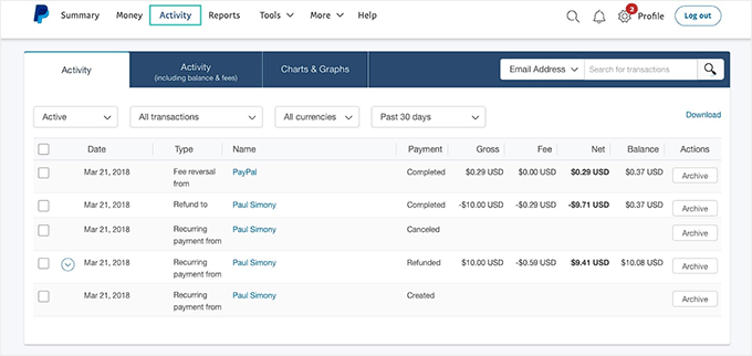 View transactions in PayPal View transactions in PayPal