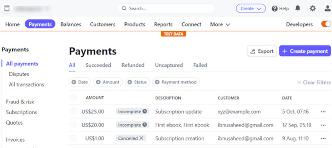 Check test payments in Stripe Check test payments in Stripe