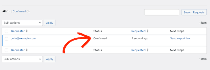 An example of a data export request in the WordPress admin area An example of a data export request in the WordPress admin area