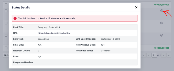 View status details on broken links View status details on broken links
