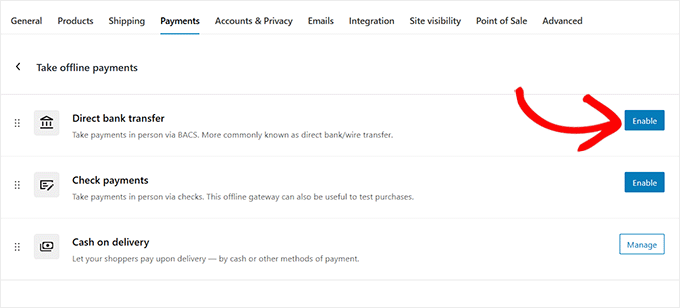 Click Enable next to direct bank transfer in WooCommerce Click Enable next to direct bank transfer in WooCommerce