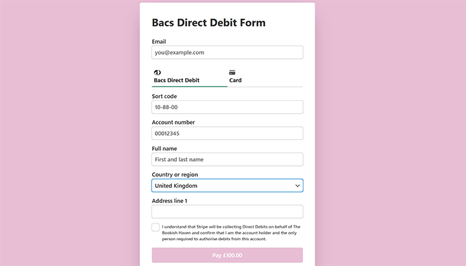 Bacs Direct Debit payment form preview in WP Simple Pay Bacs Direct Debit payment form preview in WP Simple Pay